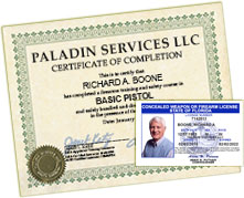 Florida CWP with the Paladin Services Basic Pistol training certificate of completion.
