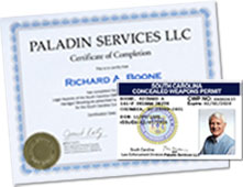 South Carolina CWP (Concealed Weapons Permit) and Paladin Services' CWP training certificate.